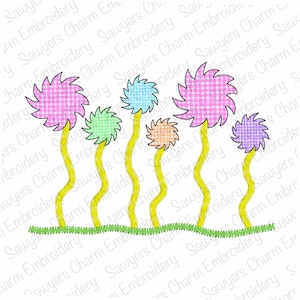 May include: An embroidered design of six whimsical trees. The trees have colourful, patterned tops in pink, blue, green, and orange. The trees have yellow, curved stems and sit on a green grassy base.