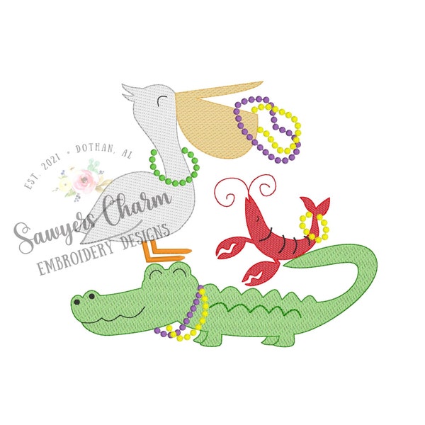 Mardi Gras stacked animals & beads sketch stitch machine embroidery design file, quick stitch, alligator, crawfish, pelican, beans stitch