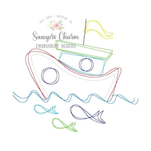 Squiggly tugboat with fish and waves bean stitch machine embroidery design file, quick stitch, tug boat, ocean beach water, summer spring