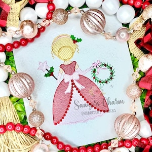 Christmas princess sketch stitch machine embroidery design, fall, quick stitch, wreath, coquette bow, holly berries, happy holidays, merry