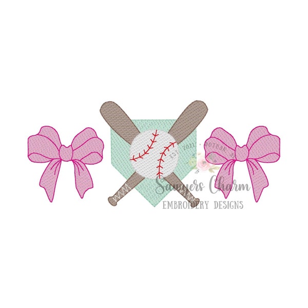 Baseball bats home plate, bows sketch stitch trio, machine embroidery design file, ballgame sports outfield, quick stitch, girl softball