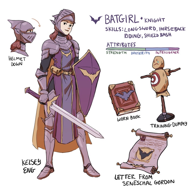 May include: A digital illustration of a female knight in purple armor with a bat symbol on her chest. She is holding a sword and shield. The illustration includes a helmet, a book, a training dummy, and a scroll with the text "Letter from Seneschal Gordon".