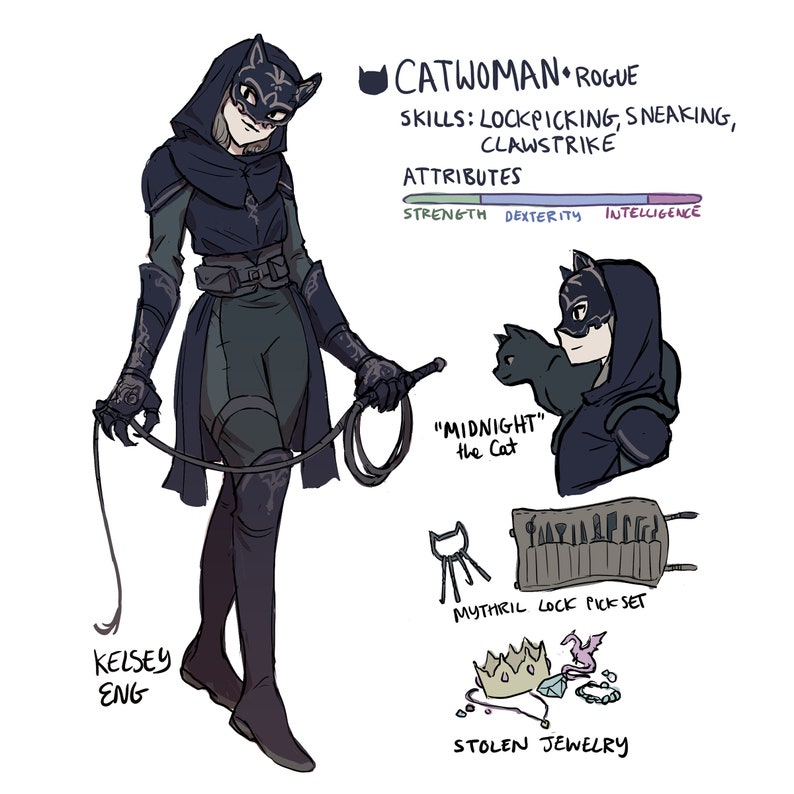 May include: A digital illustration of a female character dressed as a cat burglar. She is wearing a black hooded cloak, a black mask, and black pants. She is holding a whip in her right hand. The character is labeled "Catwoman Rogue". The illustration also includes a black cat, a set of lock picks, and a crown.
