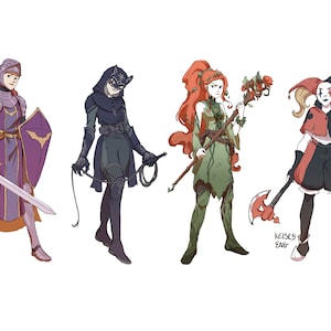 May include: Four female characters in different costumes. The first character is wearing a purple and gold knight's armor with a sword and shield. The second character is wearing a black leather suit with a whip. The third character is wearing a green and brown costume with a staff and vines. The fourth character is wearing a red and black jester costume with an axe.