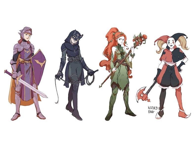 May include: Four female characters in different costumes. The first character is wearing a purple and gold knight's armor with a sword and shield. The second character is wearing a black leather suit with a whip. The third character is wearing a green and brown costume with a staff and vines. The fourth character is wearing a red and black jester costume with an axe.