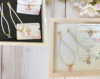 Cross Bracelet Baptism Favors: Adjustable Cord, Personalized Tag