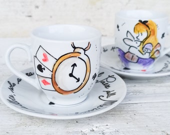 Pair of Alice in Wonderland inspired coffee cups, wedding favor and gift idea
