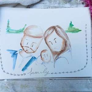 Quadretto Happy Family in stile cartoon, acquarello e pastelli