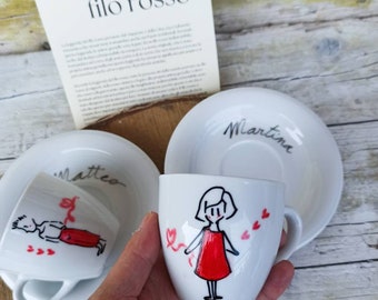 Coffee cups with a loving couple tied by a string, Valentine&#39;s Day gift cups