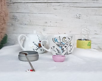 Hand-painted Christmas cups and teapot, various shapes, various designs