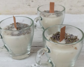 Soy wax candles with lavender in coffee cup