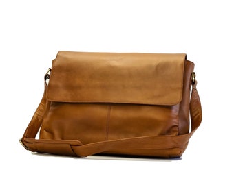 Leather Messenger / Office Bag for Men, Handmade, Crossbody with Padded Compartment, Pockets & Adjustable Strap