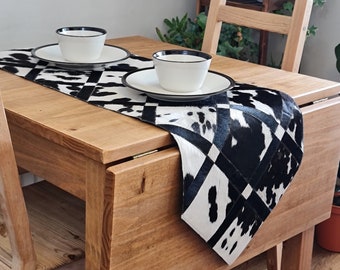 Handmade Cowhide Table Runner – Patchwork Leather, Bar Decor