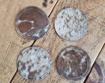 Cowhide Coaster Set, Handcrafted Real Genuine Hair-on Cowhide Leather Coaster set, Unique Western