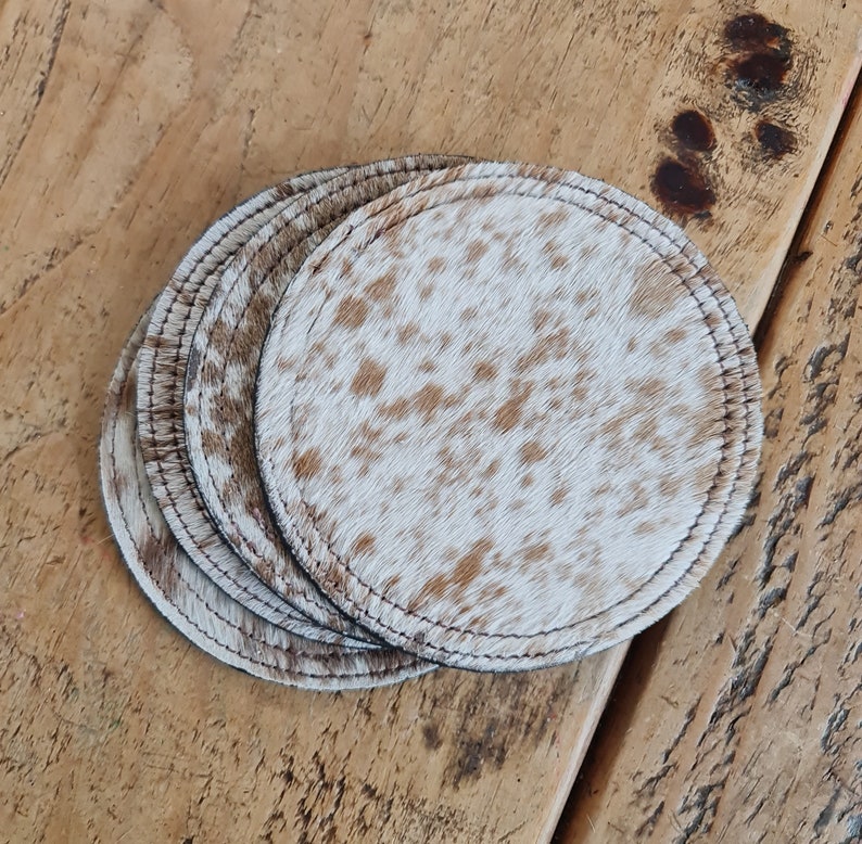 Cowhide Coaster Set, Handcrafted Real Genuine Hair-on Cowhide Leather Coaster set, Unique Western image 2