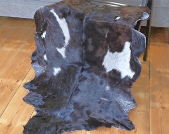 Handmade Goat Hide Rug – Dark Brown & White Leather Floor Decor Animal Skin