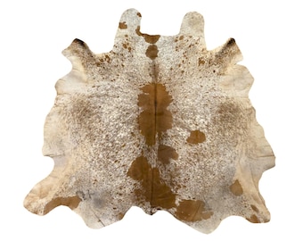 Natural Brown Off-White Cowhide Rug, Real Hair-On Hide, Rustic Farmhouse Decor