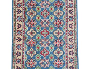 Handmade Wool Kazak Rug: Traditional Afghan Design (116cm x 78cm)