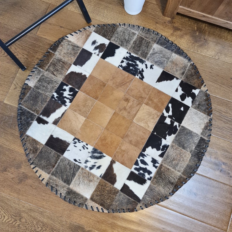 Round Cowhide Patchwork Rug Handmade HairOn Fur Leather Etsy