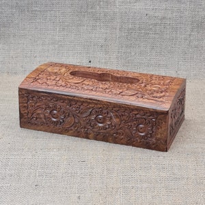 Tissue Box Cover, Hand Carved Ceramic Birds and Blossoms Square