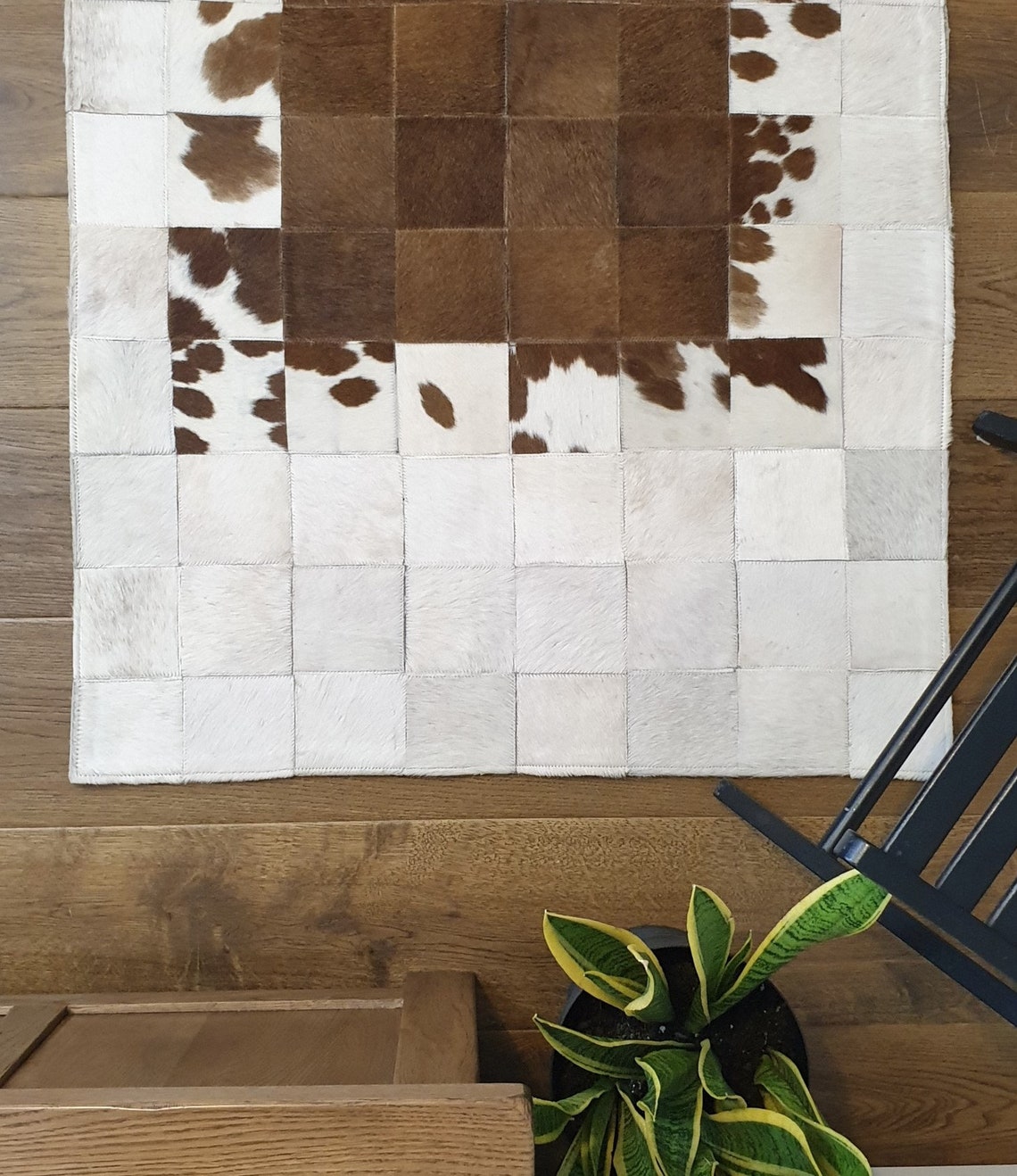 Handmade Cowhide Patchwork Rug: Brown & White Leather Carpet (47