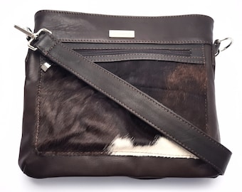OWHIDE TOTE BAG - Leather Tote HandBag, Cowhide Shoulder Bag, Brown and White Tote Purse Bag, Cowskin Handbag, Leather Workbag,Gift For Her