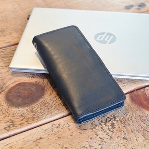 Cartera larga de cuero para hombre, protección RFID Ranger, billetera tipo secretario con tapa para chequera, color negro y gris