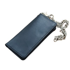 Cartera con cadena de motocicleta para hombre, de cuero genuino, con tres pliegues largos y bloqueo RFID, organizador de dinero para tarjetas de crédito
