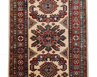 Handmade Wool Kazak Rug: Traditional Afghan Design (125cm x 86cm)