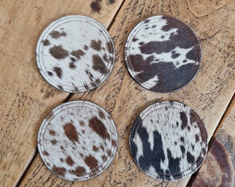 Cowhide Coaster Set, Handcrafted Real Genuine Hair-on Cowhide Leather Coaster set, Unique Western