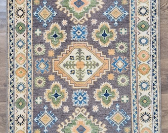 Handmade Wool Kazak Rug, Traditional Afghan Design, 122x84cm