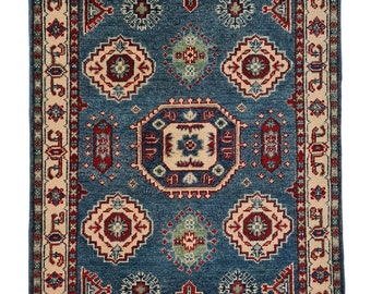 Handmade Wool Kazak Rug: Traditional Afghan Design (124cm x 81cm)