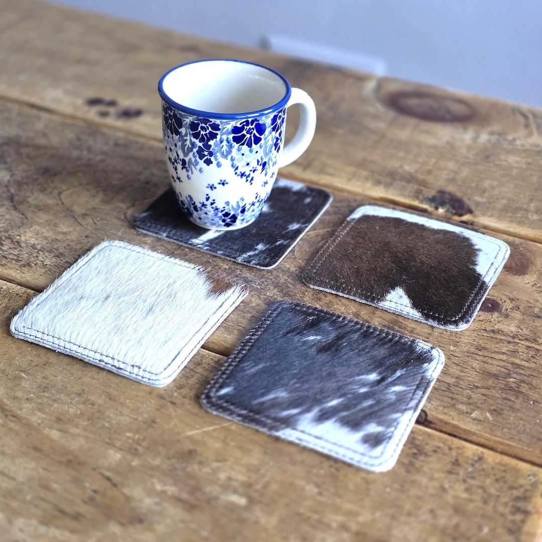 Handmade Hair-on Cowhide Coaster Set, Western Decor 4 set
