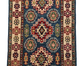 Handmade Wool Kazak Rug: Traditional Afghan Design (131cm x 77cm)