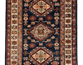 Handmade Afghan Kazak Wool Rug, Traditional Vintage Design, 114x83cm