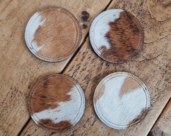 Cowhide Coaster Set, Handcrafted Real Genuine Hair-on Cowhide Leather Coaster set, Unique Western