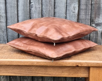 Pair of Leather Pillow /Cushion Covers, vintage look leather, Hand Crafted, Plain Square Soft brown Leather ,Home Decor, Housewarming, gift