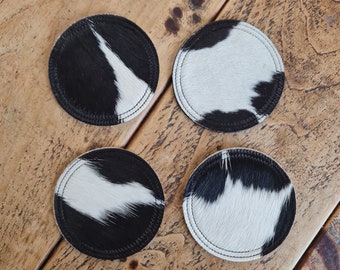 Cowhide Coaster Set, Handcrafted Real Genuine Hair-on Cowhide Leather Coaster set, Unique Western