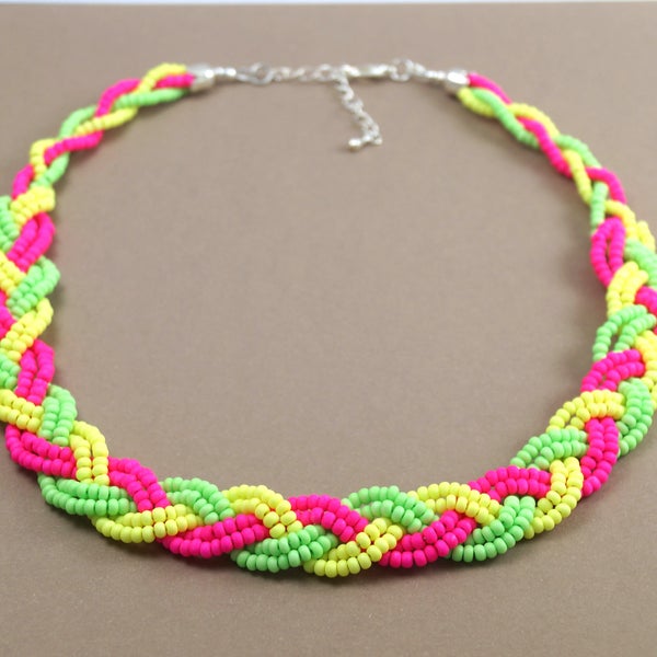 Neon braided bead necklace | Neon jewellery | Neon jewelry | 90s jewelry | 80s jewelry | Neon accessories | Bright necklace | Handmade