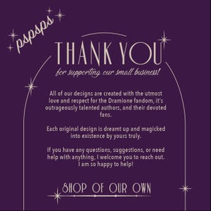 Pode incluir: Gr&aacute;fico roxo com a frase "THANK YOU" em uma fonte estilizada, agradecendo aos clientes por apoiarem uma pequena empresa. O design inclui elementos decorativos de estrelas e a frase "SHOP OF OUR OWN".
