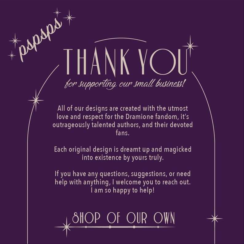 Pode incluir: Gr&aacute;fico roxo com a frase "THANK YOU" em uma fonte estilizada, agradecendo aos clientes por apoiarem uma pequena empresa. O design inclui elementos decorativos de estrelas e a frase "SHOP OF OUR OWN".