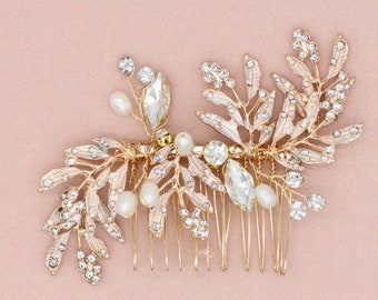 GOLD Bridal Comb Leaf Rhinestone Pearl for bride Wedding comb Bridal hair accessories Wedding hair accessories Bridal Jewelry Weddding