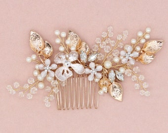 Rustic Flower light Rose gold and gold leaf Wedding hair accessory,Bridal hair accessory,Bridal hair comb,pearl and beads,Wedding hair comb,