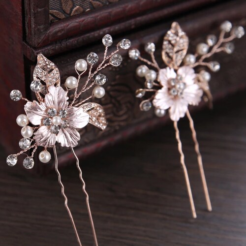 Set of 2 Rose Gold, Bridal hair accessory, Bridal hair pin, Rhinestone