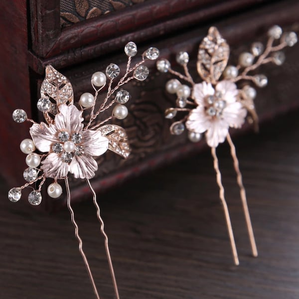 Bridal jewelry Rose gold wedding jewelry for bride wedding hair accessory for bridesmaids rose gold Flower hair accessory Set of 2