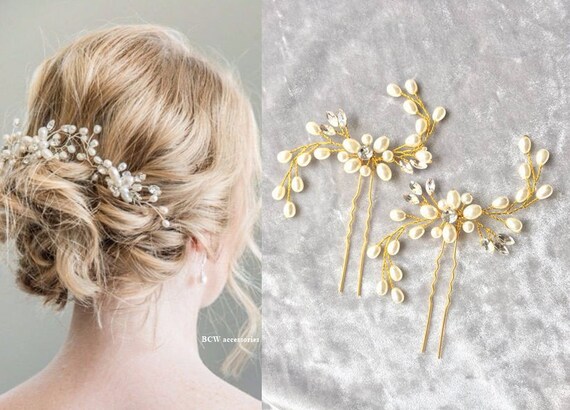 Set Of 2 Bride Gold Pearl Crystal Hair Pin Bridal Hair Etsy