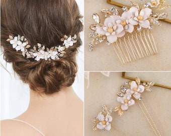 White Flower Rhinestone Leaf Crystal Bridal Hair Comb, Wedding Comb, White Flower Comb, Bridal Hair Comb, Wedding Hair Accessory