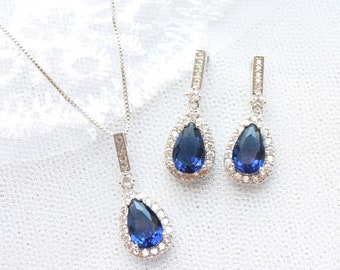 Wedding jewelry set Sapphire rhinestone jewelry set Sapphire color necklace set Bridal jewelry set Blue jewelry set for bride Wedding set