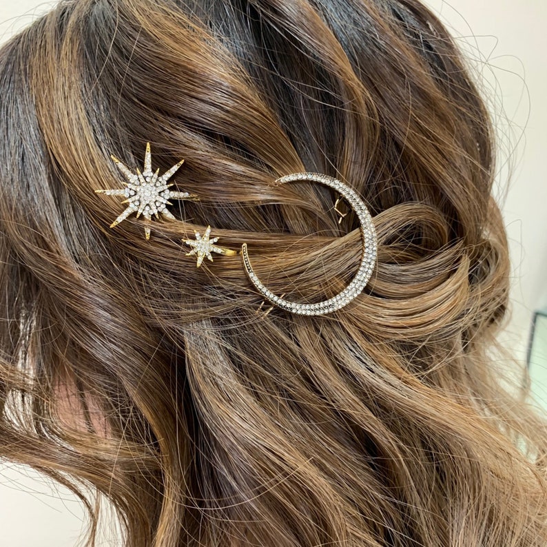 Moon & Star Rhinestone Hair Pin Set Gold Hair Pin Star Hair Etsy