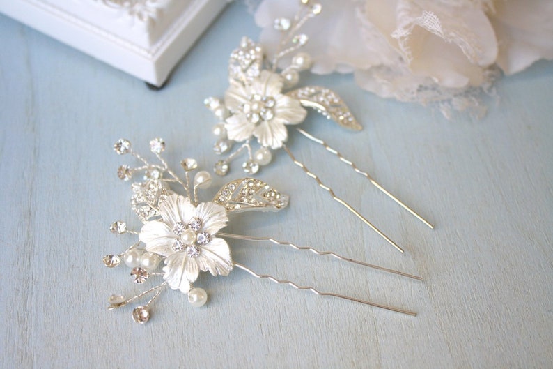 Silver, Rhinestone, Bridal hair accessory, Bridal hair pin, Wedding hair accessory, Rhinestone flower accessory image 2